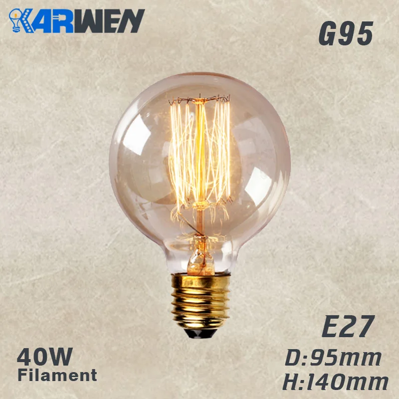 KARWEN, винтажная лампочка эдисона G95 40 Вт, Ретро лампа G80, лампа накаливания E27 220 В, Свадебные Лампы, накаливания, спиральная лампа для кулона - Цвет: G95 filament