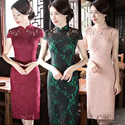 Шанхай история Новое поступление китайский женский колено Ленг Cheongsam модные короткие Стиль Лето Qipao кружевное платье Vestidos