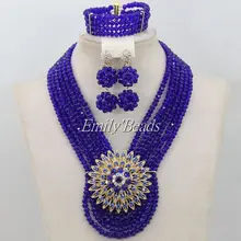 Очаровательная королевский синий кристалл Бусины Цепочки и ожерелья комплект цветок Нигерии Свадьба африканские Бусины комплект ювелирных изделий aij071