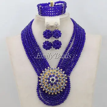 

2015 Charming Royal Blue Crystal Beads Necklace Set Flower Nigerian Wedding African Beads Jewelry Set Free Shipping AIJ071