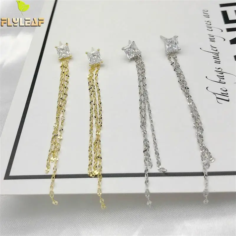 

Flyleaf Gold Drop Cubic Zirconia Earrings For Women Real 925 Sterling Silver Luxury Long Tassel Earings Fashion Jewelry Wedding