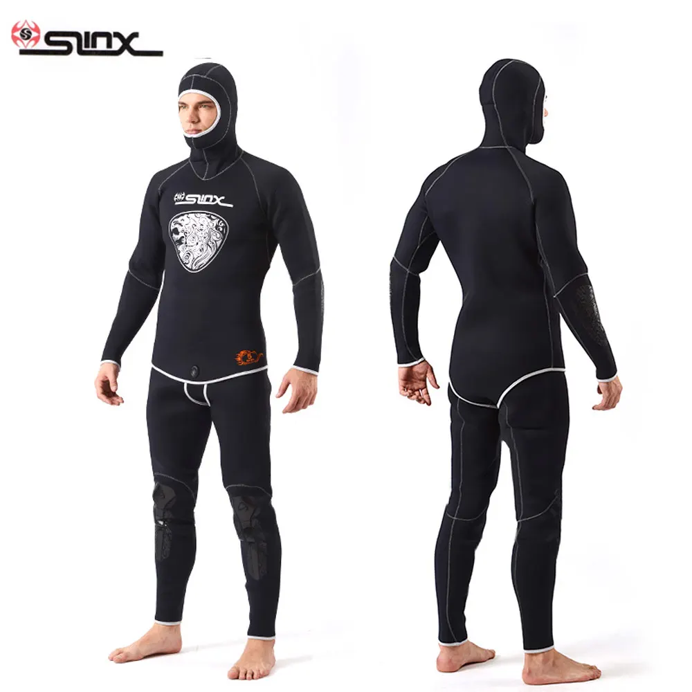 

SLINX Men 5MM Two-piece Diving Suit Mergulho Wetsuit with Headgear Seamless Thick Spearfishing Wetsuit Surfing Sailing Wetsuits