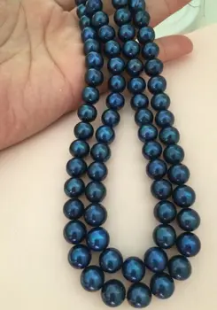 

double strands 9-10mm tahitian black blue pearl necklace 17"18"