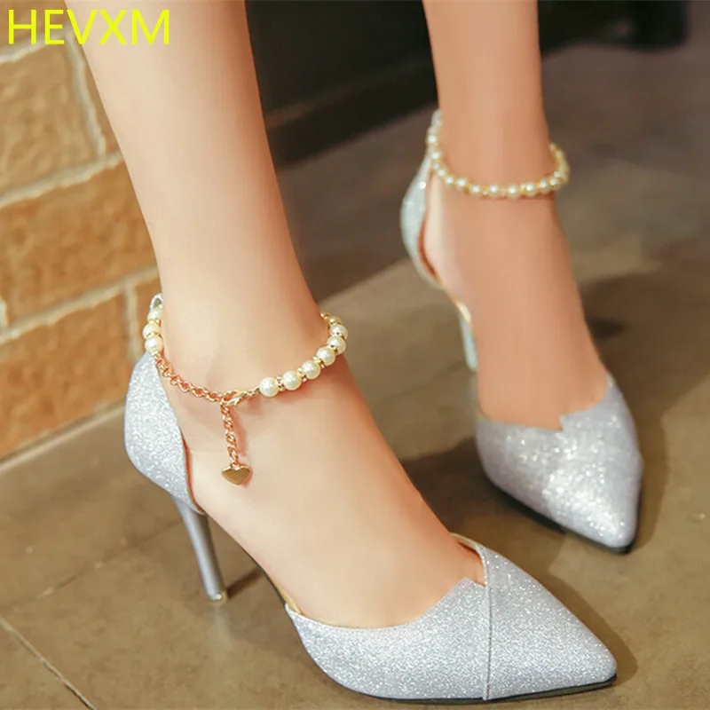 

HEVXM 2017 summer autumn new ladies fashion high heel bead buckle high heels female sexy nightclub work high heels size 34-40
