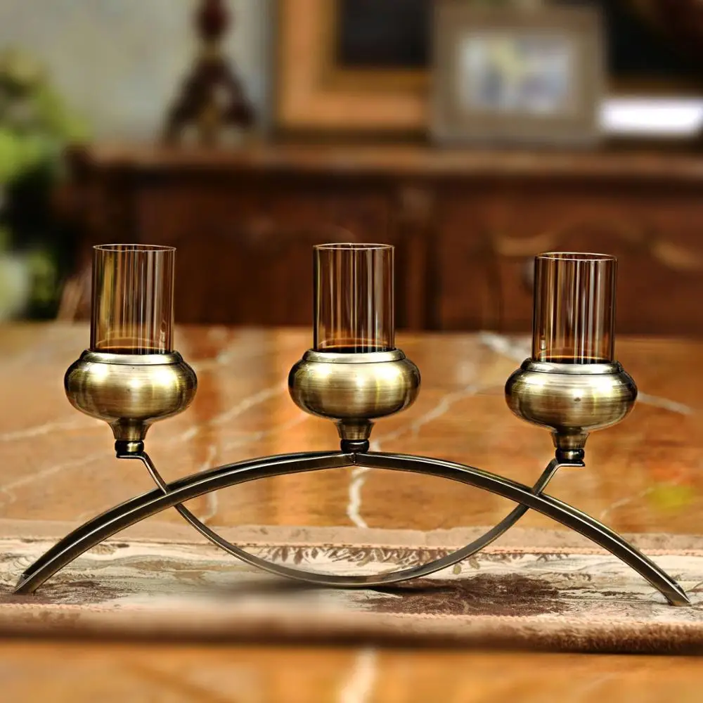 Iron three Candlestick, European style crystal glass, metal handicraft