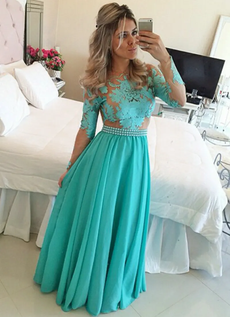 

Prom Dress 2019 Turquoise Chiffon Nude Tulle Appliques A line Evening Dress Floor Length vestidos de festa