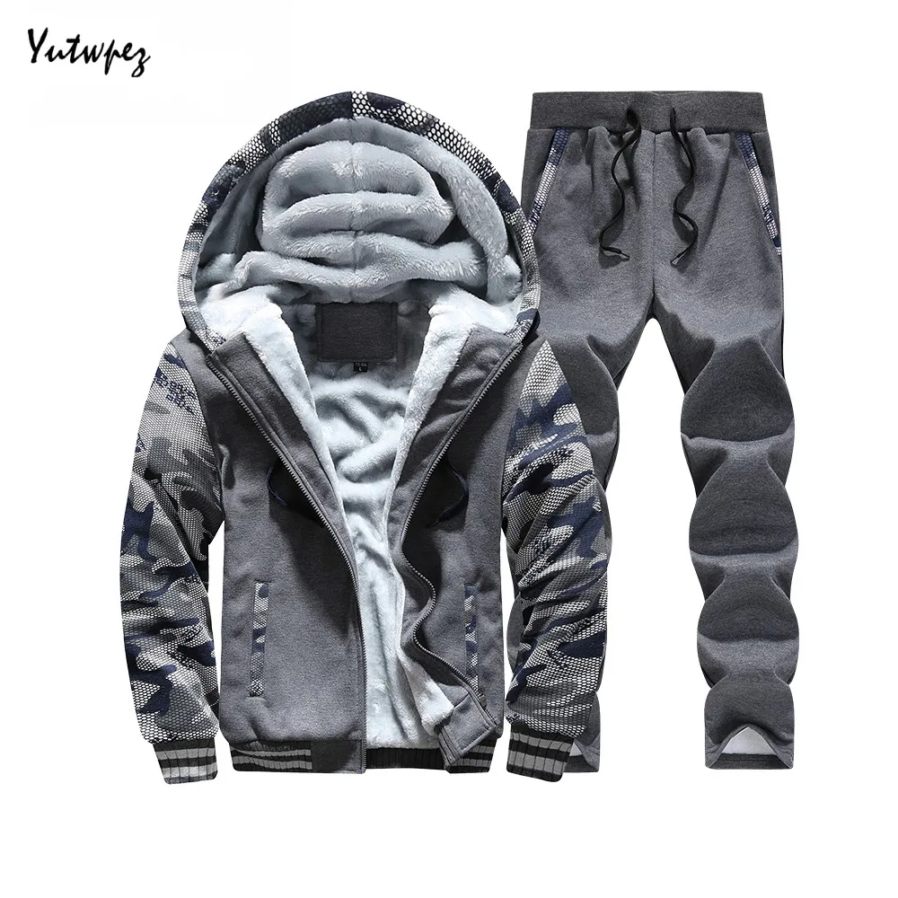 

Winter Warm Tracksuit Men Camouflage Hooded Plus Velvet Thick Inner Fleece 2PC Men's Jacket+Pant Army Casual Moleton Masculino