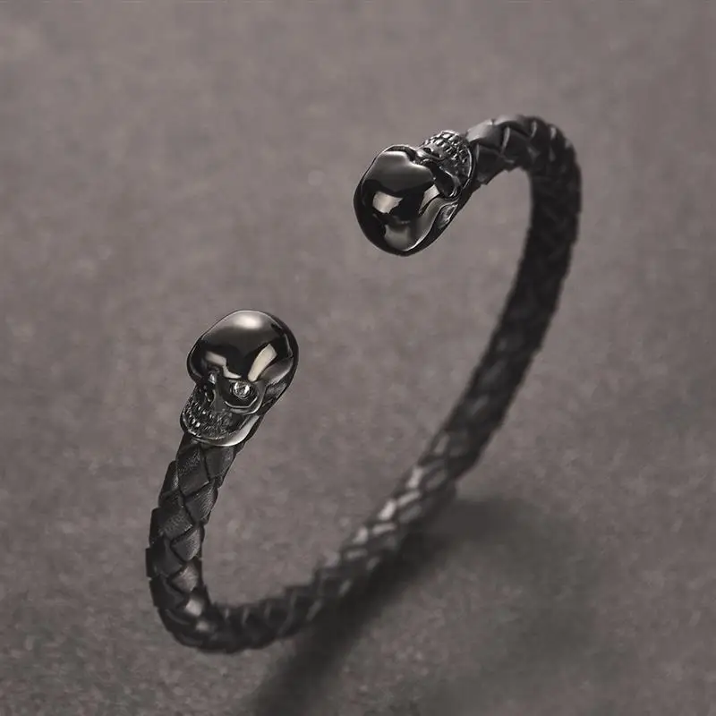 

OBSEDE Punk Skull Leather Bangles for Men Stainless Steel Braided Bracelets Fashion Male Jewelry Accessories Valentine Day Gifts