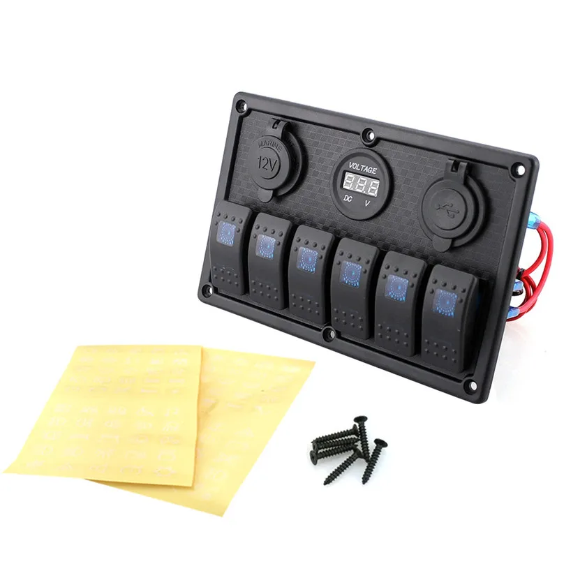 

2017 accessories 6 Gang Waterproof Marine Blue Led Switch Panel With Power Socket Voltmeter