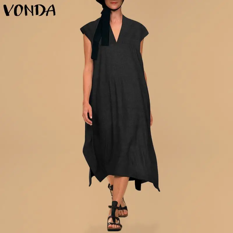 

VONDA Vintage Dress Women 2020 Summer Sexy V Neck Short Sleeve Split Casual Loose Long Party Dresses Vestidos Plus Size
