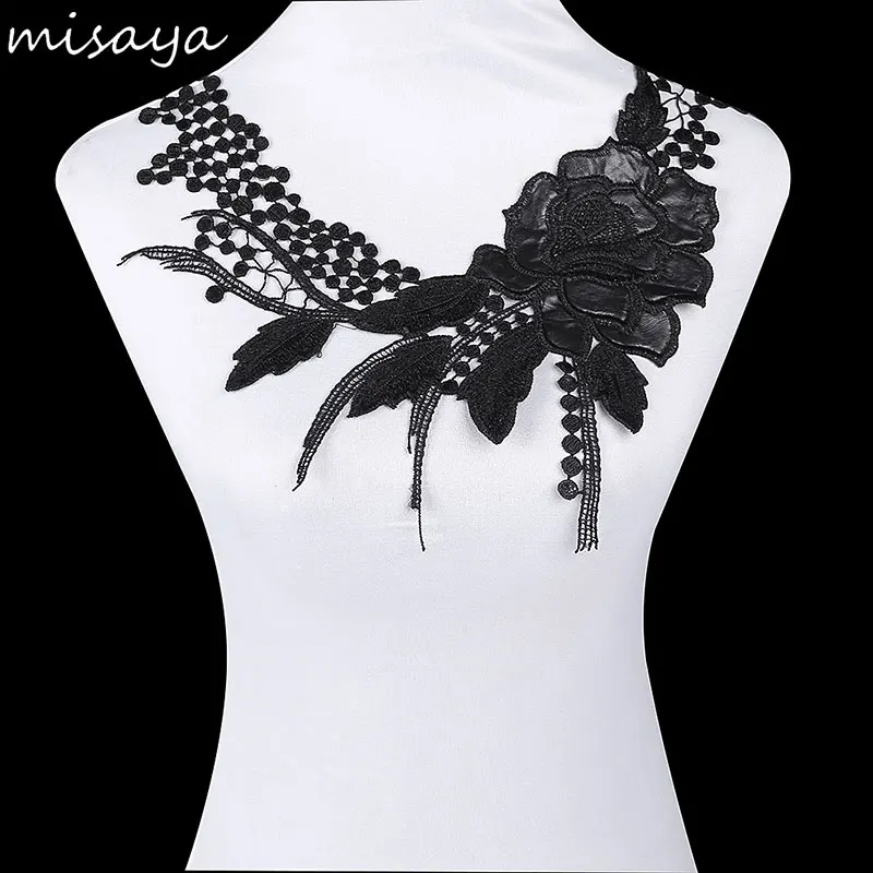 Misaya 1pc Leaf Flower Stripe Black Collar Edge Guipure Lace Fabric DIY