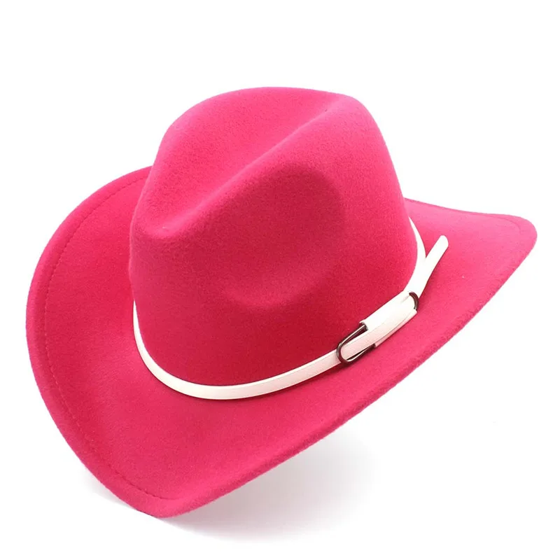 Модная шерстяная испанская накидка, Для женщин Для мужчин западная ковбойская шляпа для поднятия шляпа с Широкими Полями Фетровая в ковбойском Стиле Джаз Крестный отец сомбреро с белым поясом K40 - Цвет: Rose red