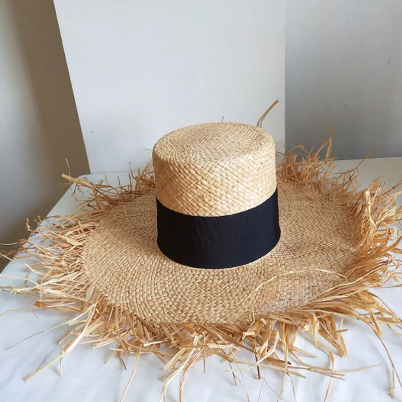 

Spring Summer Floppy Raffia Beach Hat Fringed Straw Hats Wide Brim Sun Hat Double Visor Caps Black Band Flat Top Hats