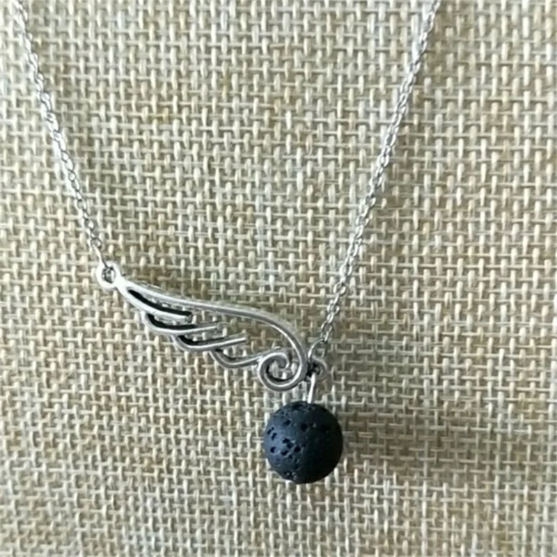 

Angel Wing Black Lava Stone Bead Necklace Aromatherapy Essential Oil Perfume Diffuser Necklace Jewelry Collar Gift