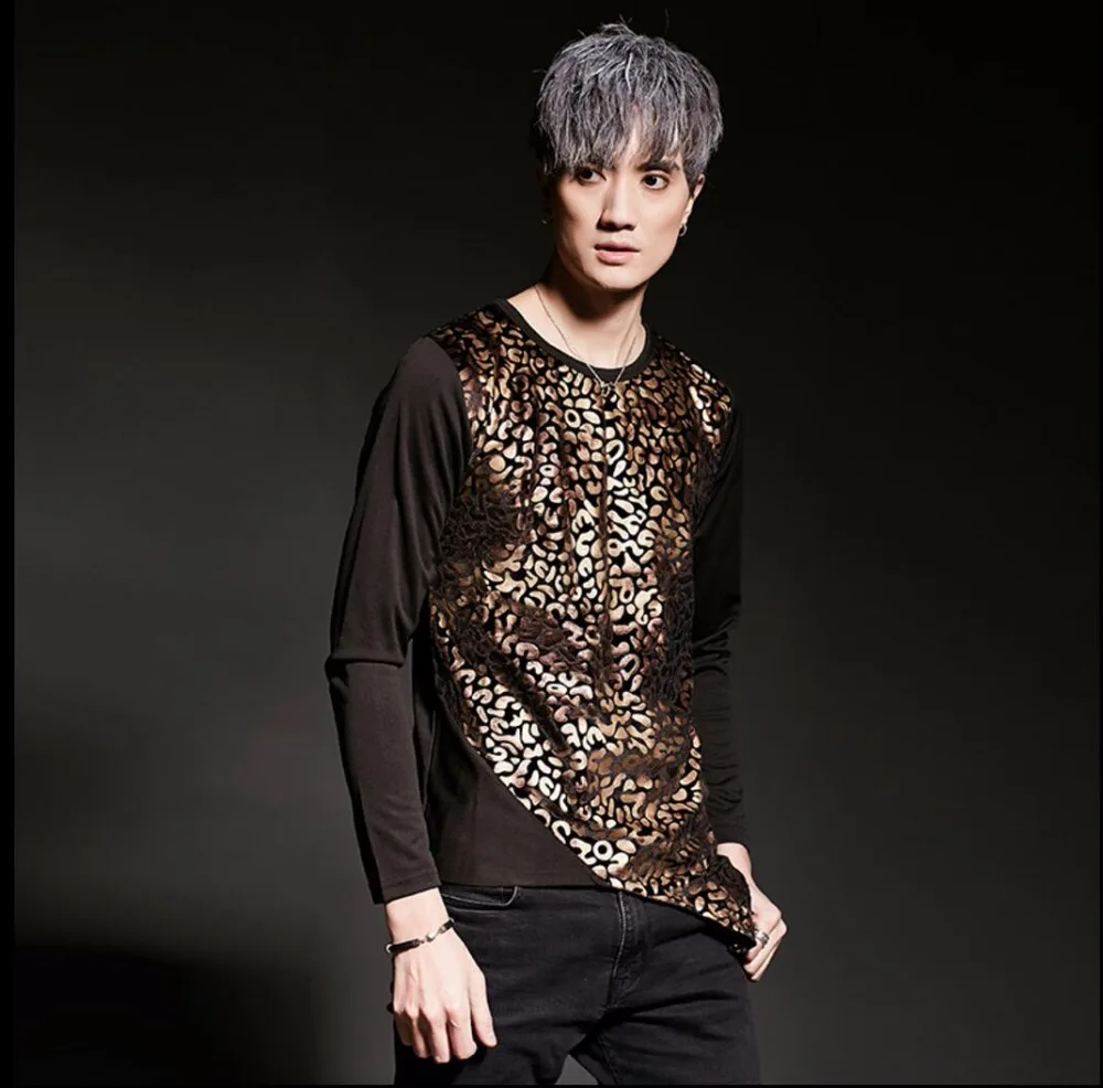 D'été Imprimer Et Longues Chanteur À Top Printemps Taille Costume Asymétrique Slim De shirt T Hiphop Hommes Noir Manches Patchwork 2019 Personnalité Scène Nouveau xOgnwAf
