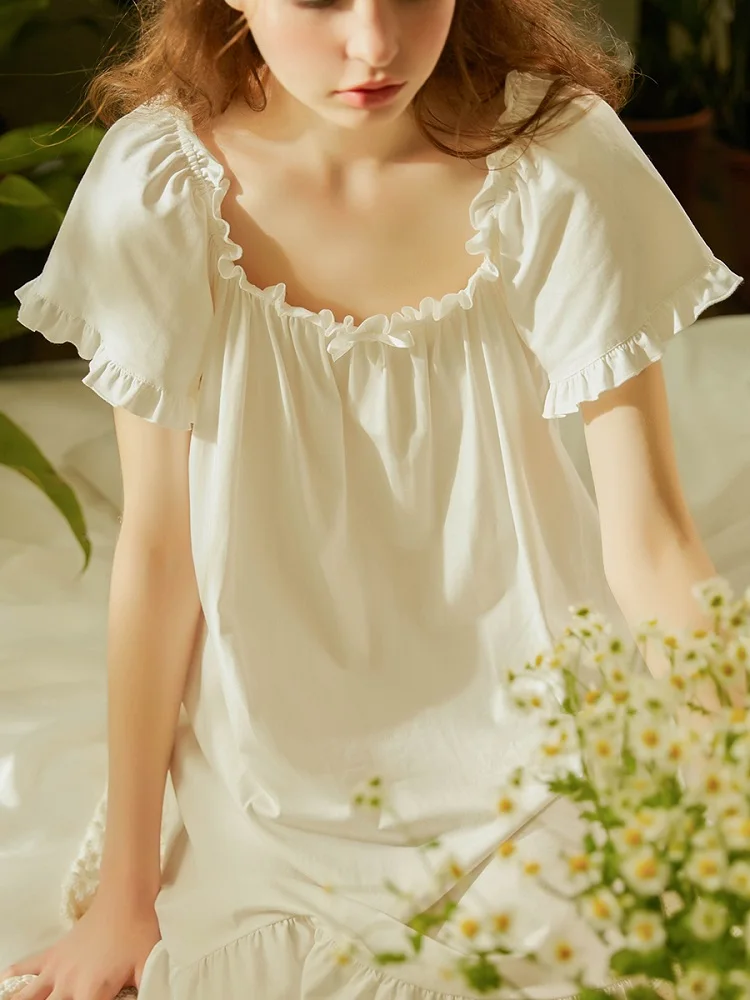 Летняя хлопковая сладкая принцесса одежда для сна короткий рукав Элегантные женские белые ночные рубашки для девочек женское нижнее белье