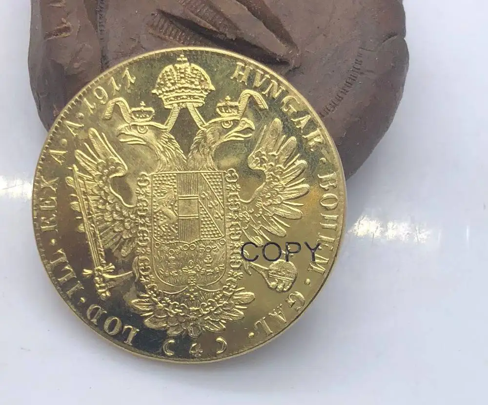 

Austria Habsburg 4 Ducats Franz Joseph I 1911 Double Headed Austro Hungarian Eagle Crown Gold Coin Brass Metal Copy Coins