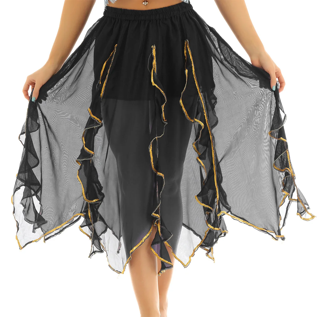 Женская юбка для танца живота с эластичным поясом, гофрированная золотистой отделкой, асимметричный макси, этнический шифон, танцевальный