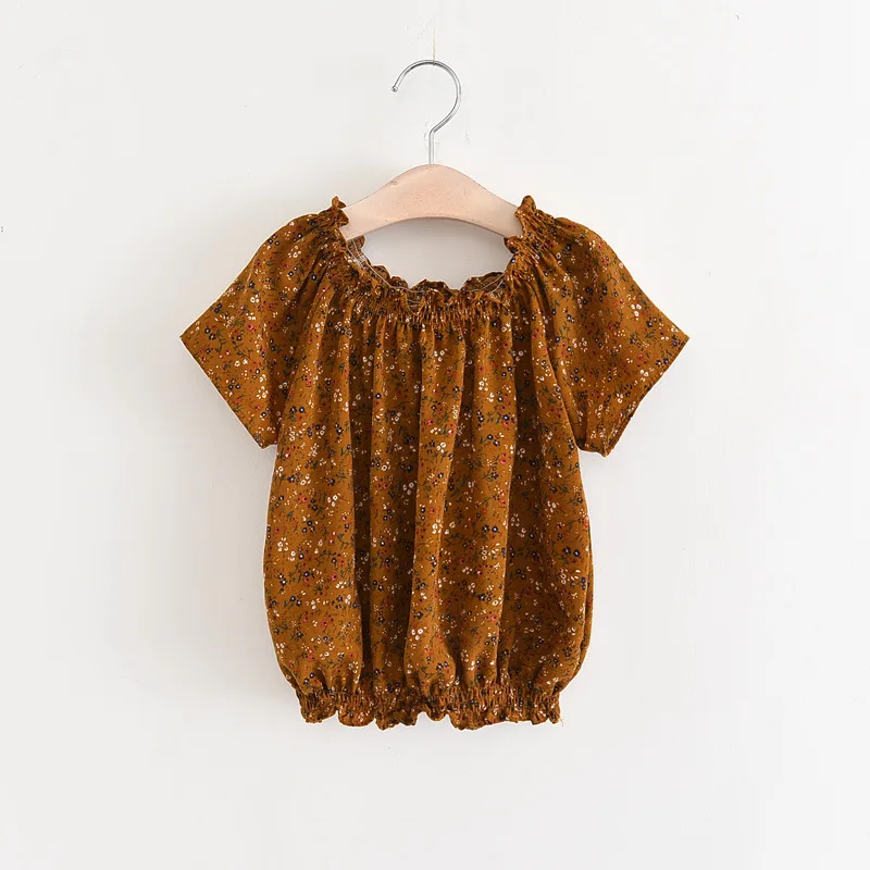 

Hurave chiffon Elastic collar Girls Clothes Children short Sleeve pattern shirts causal solid print blouses