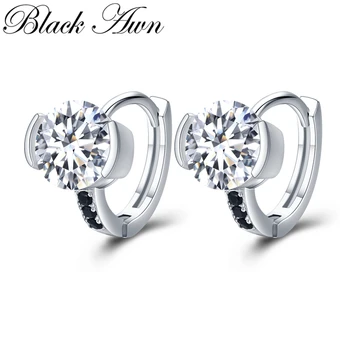 

[BLACK AWN] Vintage 4.36g 925 Sterling Silver Round Engagement Hoop Earrings for Women Black Spinel Fine Jewelry Bijoux T201