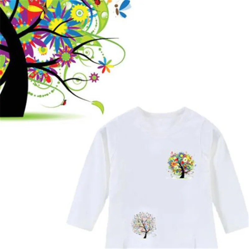Модная одежда из ПВХ с нашивками; большая футболка с цветочным рисунком и деревом; термопереводная футболка с принтом; железные нашивки для девочек; наклейки для одежды