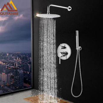 

Quyanre Chrome Round Style Shower Faucet Set Concealed Rainfall Shower System Bathtub Shower Hot Cold Water Mixer Faucet Tap