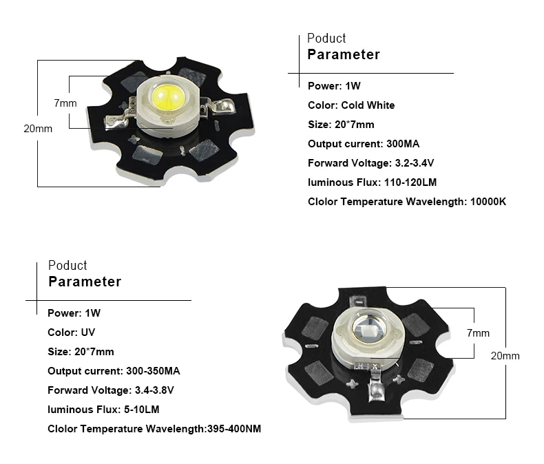5x Power LED 1 Watt SMD-CHIP 100-110lm bianco caldo 3000-3200k 260-300ma 3,3-4v