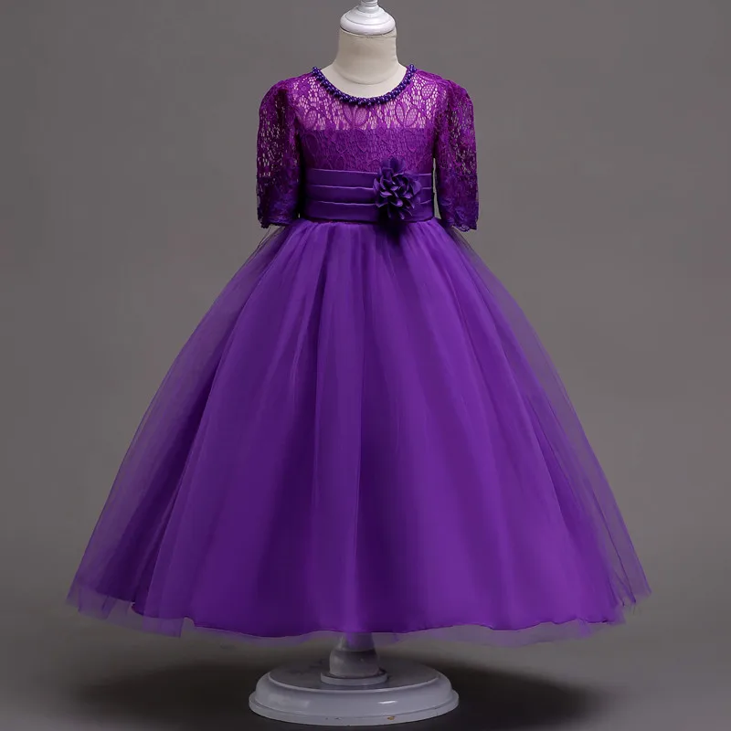 

2019 Kids Clothing Children Beautiful Princess Ankle-Length Dress Girl Lace Beading Middle Sleeve Elegance Praty Wedding Dress