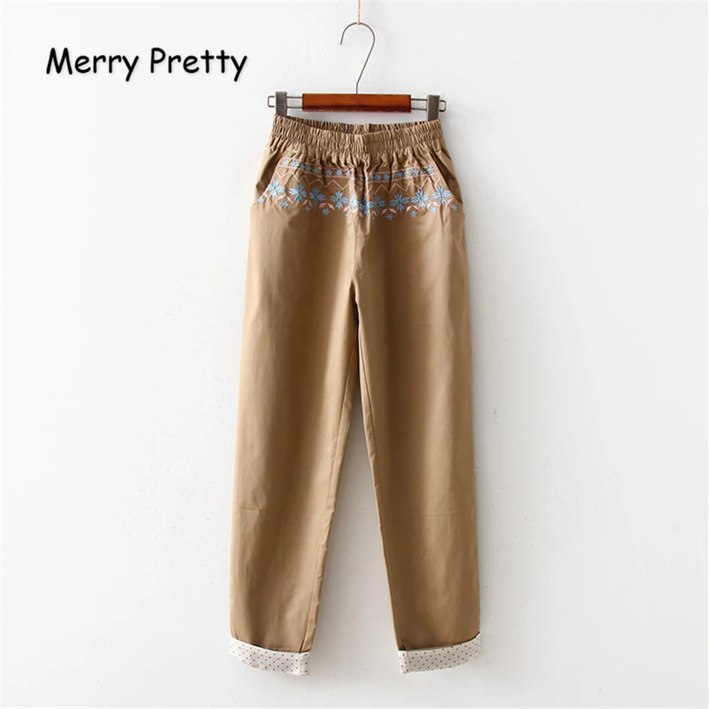 

Merry Pretty Women Floral Embroidery Calf Length Pants 2019 Summer Dot Patchwork Elastic Waist Khaki Pant Casual Straight Pants