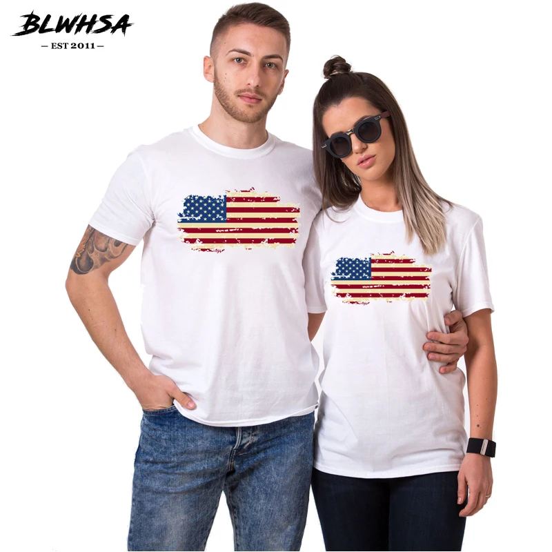 BLWHSA Printed USA Flag T-shirt For Men And Women Lovers Couple Tops Tees American Flag Nostalgia Couple T shirts For Lovers