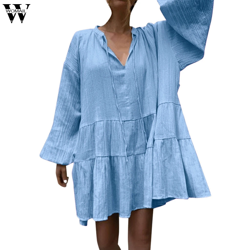 

Womail Plus Size Dress Women Ladies Solid Color Fashion Full Sleeve Summer Casual Sexy Pleated Frenulum Easy Dress JULY3 Vestido