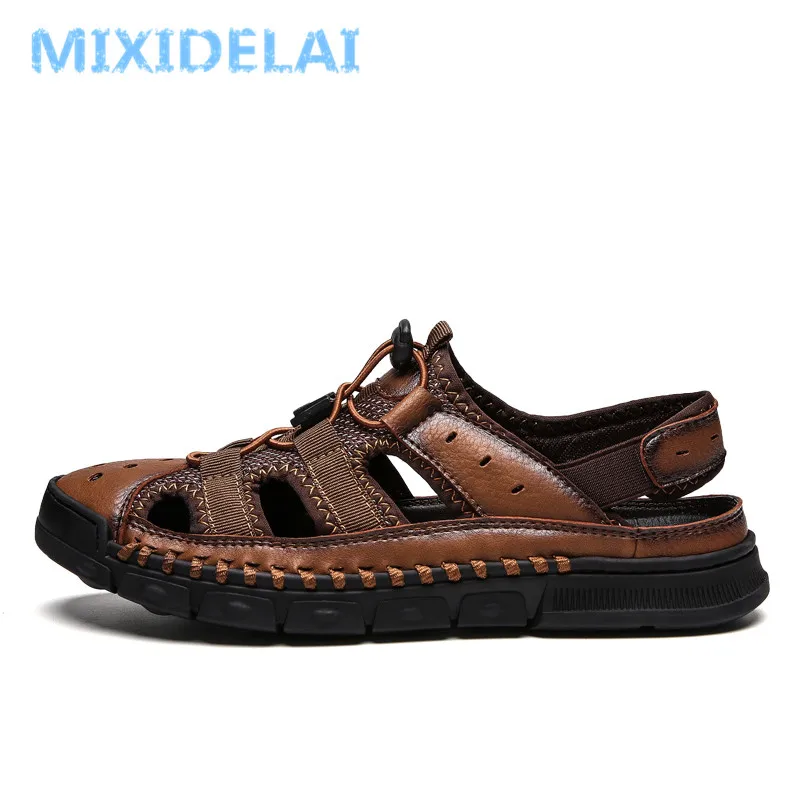 2019 New Summer Business Casual Men's Sandals Men Leather Splice Shoes Outdoor Male Hand Stitching Wrapped Toe Beach Sandal Men