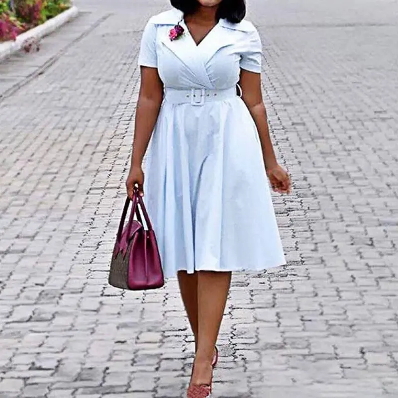 

Summer Vintage Elegant Office Ladies Silver Sexy Women Midi Dresses Aline Notched Lapel Solid 2019 African Plus Size Retro Dress