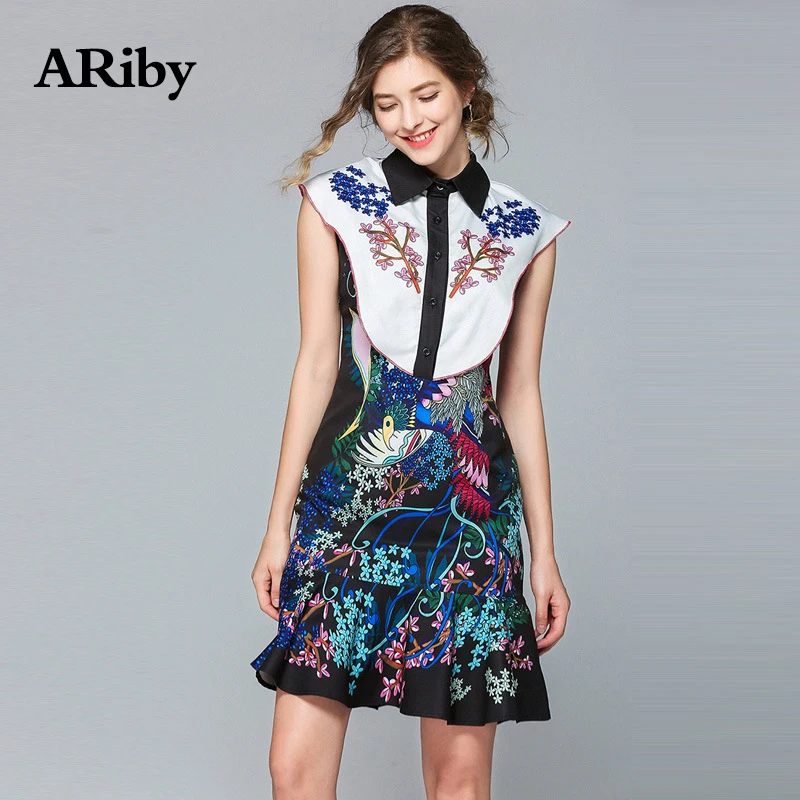 Women Dress Summer Party Dress 2019 New Sleeveless Slimming Lotus Leaf Stitching Printed Turn-down Collar Mini Dress Vestidos