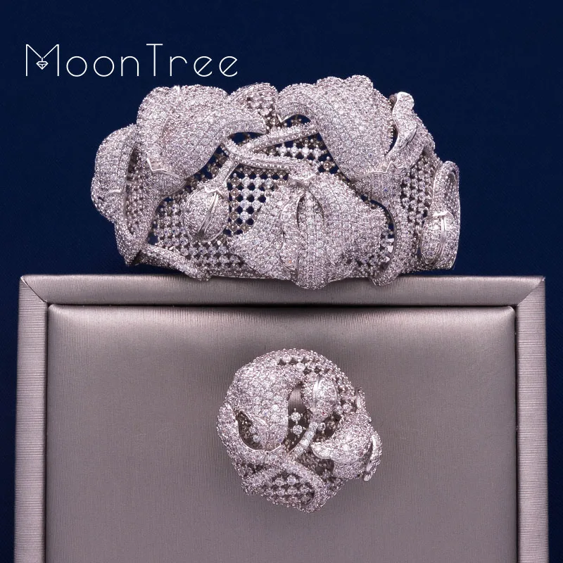 

MoonTree Begonia Flowers Luxury SunFlower Full AAA Cubic Zirconia Women Wedding Bracelet Bangle Ring Set Dress Jewelry Sets