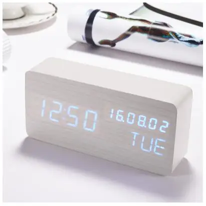 Светодиодный деревянный куб часы Голосовое управление электронный настольный светодиодный цифровой часы Nixie без радио для детей прикроватный будильник деревянный - Цвет: Небесно-голубой