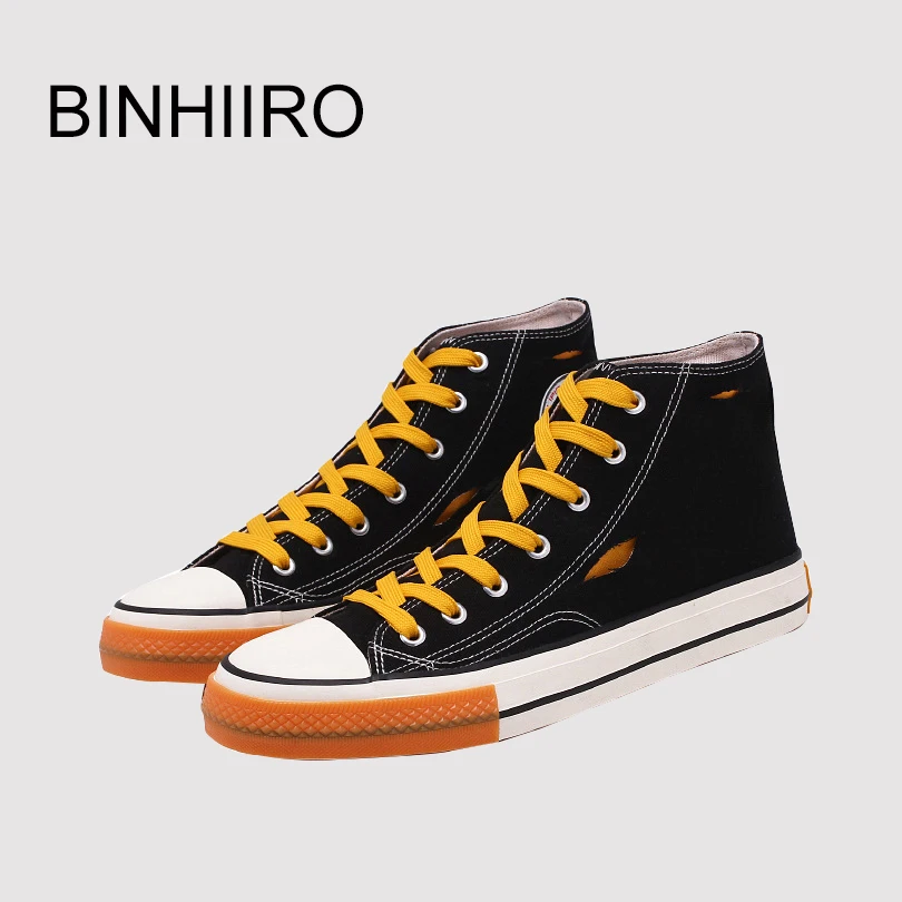 

BINHIIRO Men's Vulcanize Shoes High Top Canvas Lace-up Solid Print Antiskid Rubber Flat Sneakers Autumn Casual Male Shoes 2019