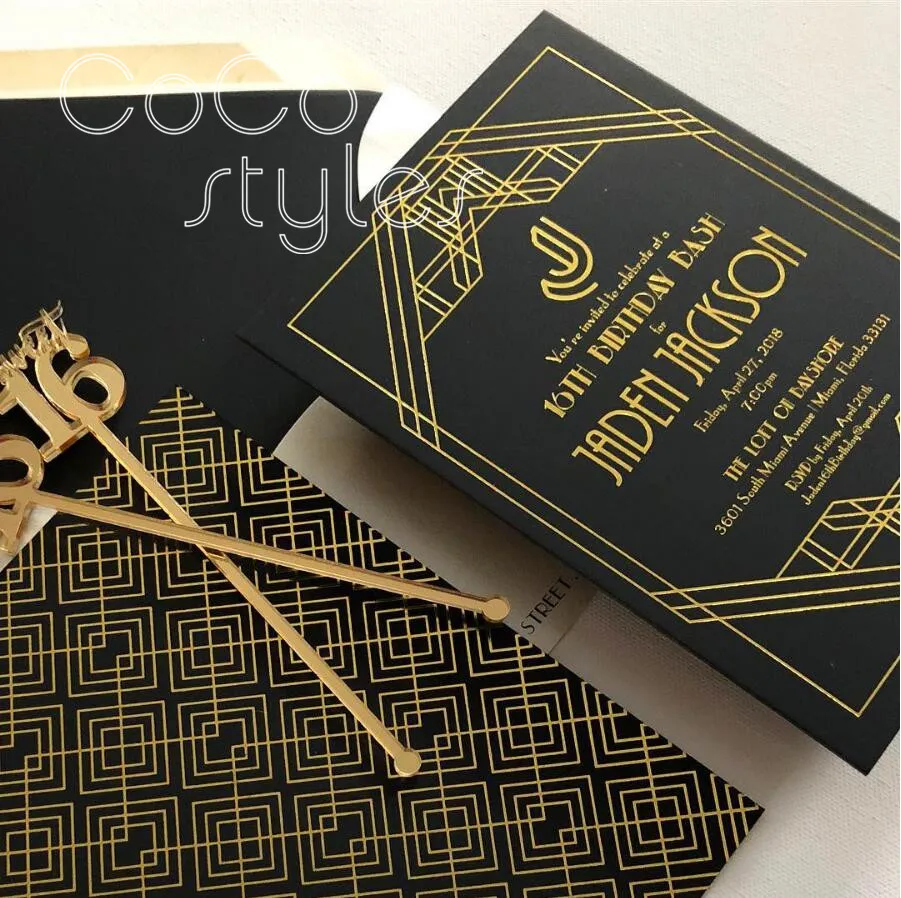  Cocostyles customized high end gold foil black golden design invitation card with matching envelope - 32889956438