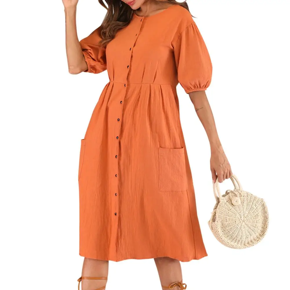 

2019 New Yfashion Women Casual Loose Cotton Waisted Dress with Button-up Row Dress