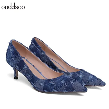 

2018 spring and autumn new denim high heels Korean version of the sexy pointed shallow mouth with a single shoe female fine with