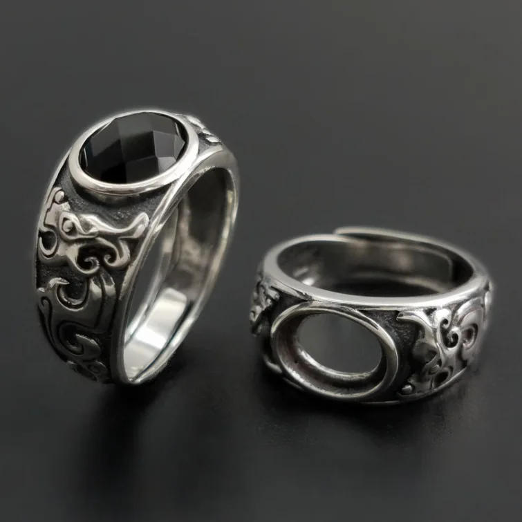 

Natural Black Onyx Stone Silver 925 Cuff Ring Men Women Vintage China Style Vine Real 925 Sterling Silver Jewelry Top Quality