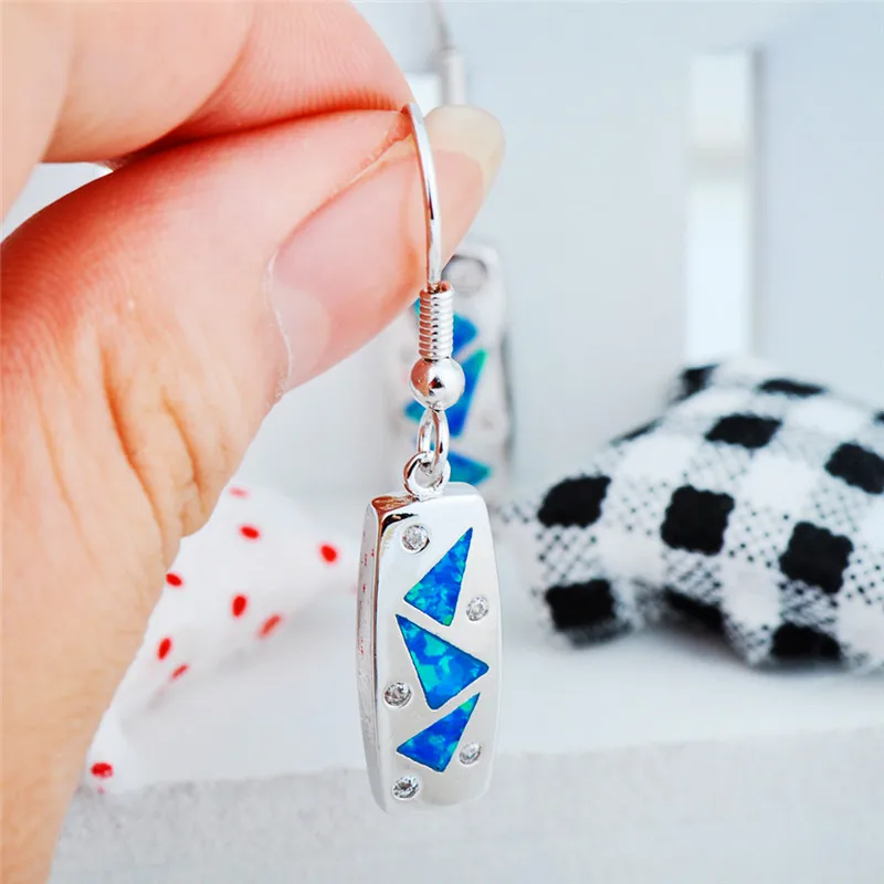 

2019 Fashion Women Long Geometric Drop Earrings Bridal Wedding Jewelry 925 Silver Blue Fire Opal Triangle Earrings