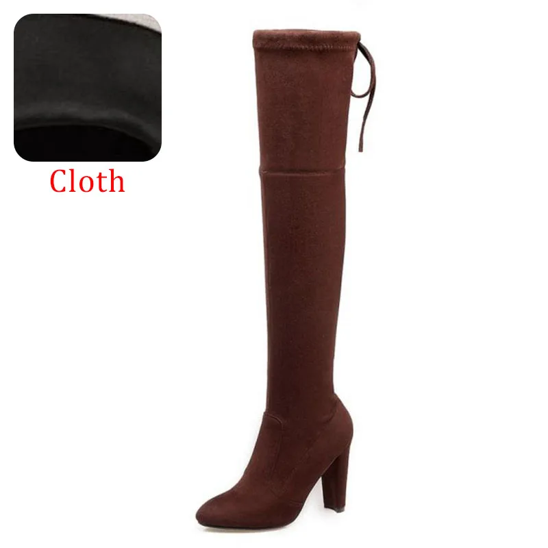 KemeKiss/модные женские сапоги на высоком каблуке размера плюс 33-46, теплая зимняя обувь на меху со шнуровкой, женские облегающие высокие сапоги до бедра, женская обувь - Цвет: brown cloth
