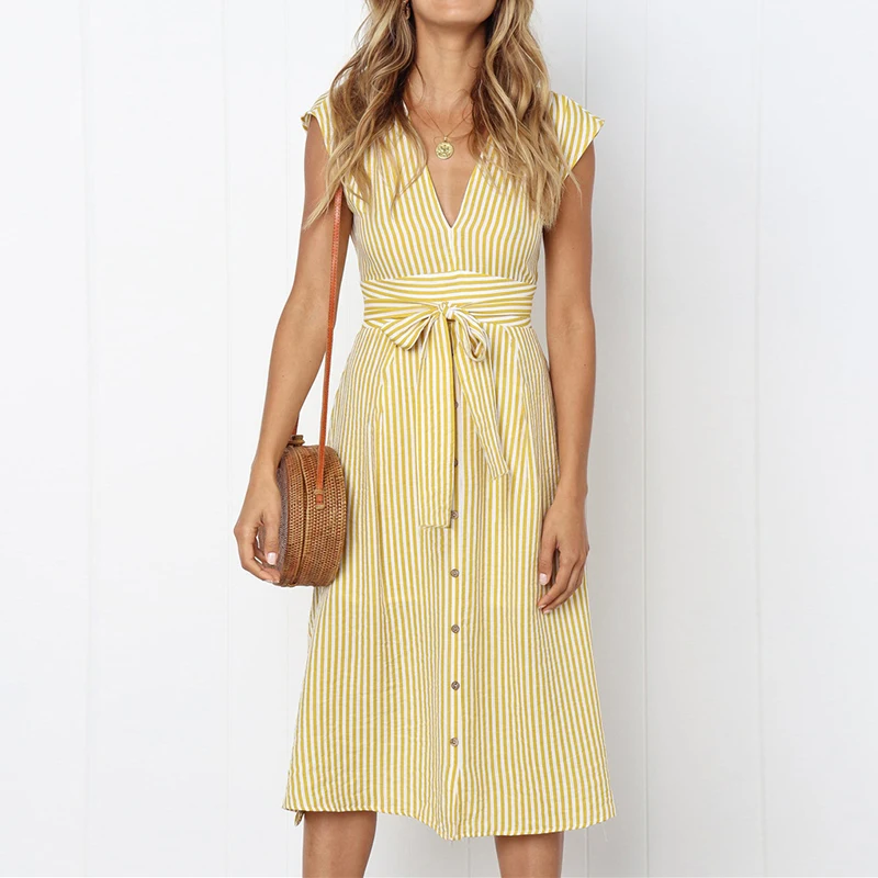 Women's Striped Mid-Calf Dress New Fashion Button Sexy V-Neck Short Sleeve Dresses Vestidos Female Casual Daily Party Sundress