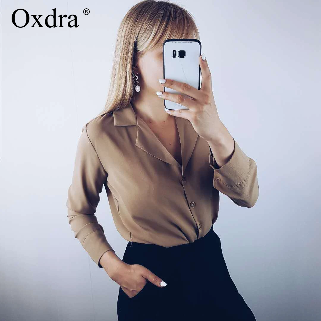 

Oxdra Elegant Long Sleeve Loose Solid Blouse Spring Autumn Turn Down Collar Tops Blouses Streetwear For Women 2019 New