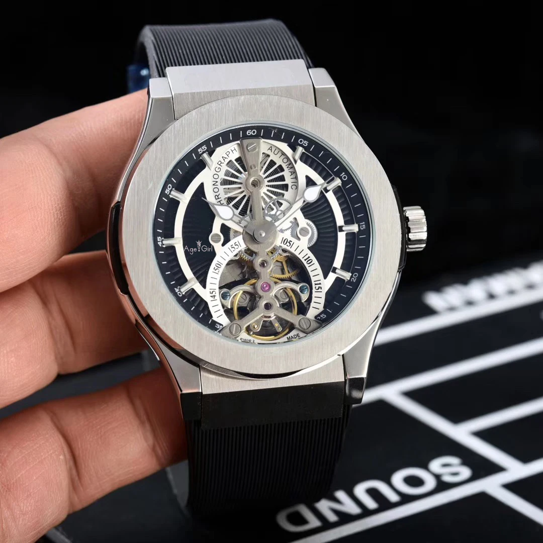 

Luxury Brand New Men Silver Black Automatic Mechanical Sapphire Tourbillion Rubber Leather Watches Waterproof Sport Limited AAA+