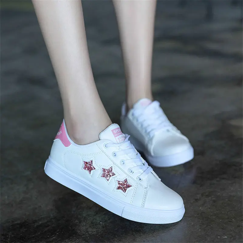 

Women sneakers 2019 New Women flats Fashion Breathable PU Leather Platform White Women Shoes Star pattern casual shoes NVX7