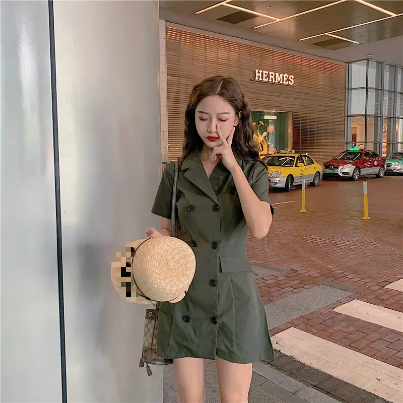 summer new Harajuku Safari Korean style slim mini-dress fashion Women's clothing notched button sashes pockets dresses female