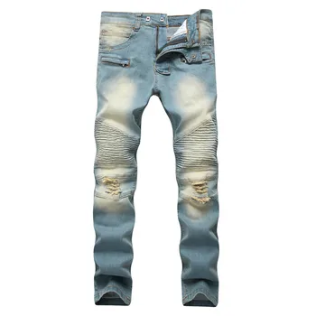 

Hi-Street Mens Ripped Rider Biker Men Jeans Retro Motorcycle Slim Fit Washed Blue Moto Holes Punk Denim Skinny Pants Plus Size