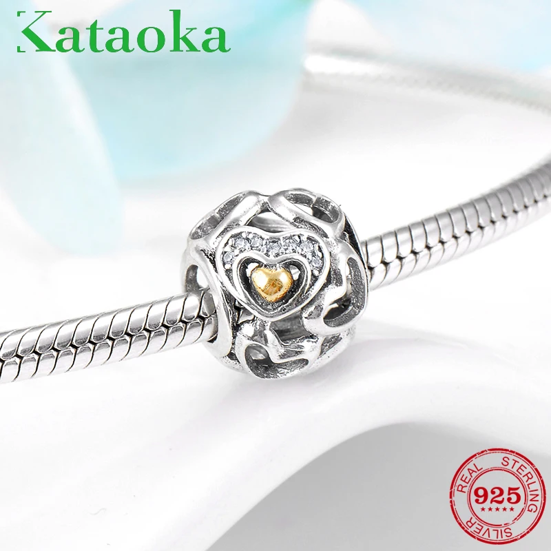 

2018 Fashion 925 Sterling Silver round shape hollow out plated Gold heart beads Fit Original Pandora Charm Bracelet Jewelry